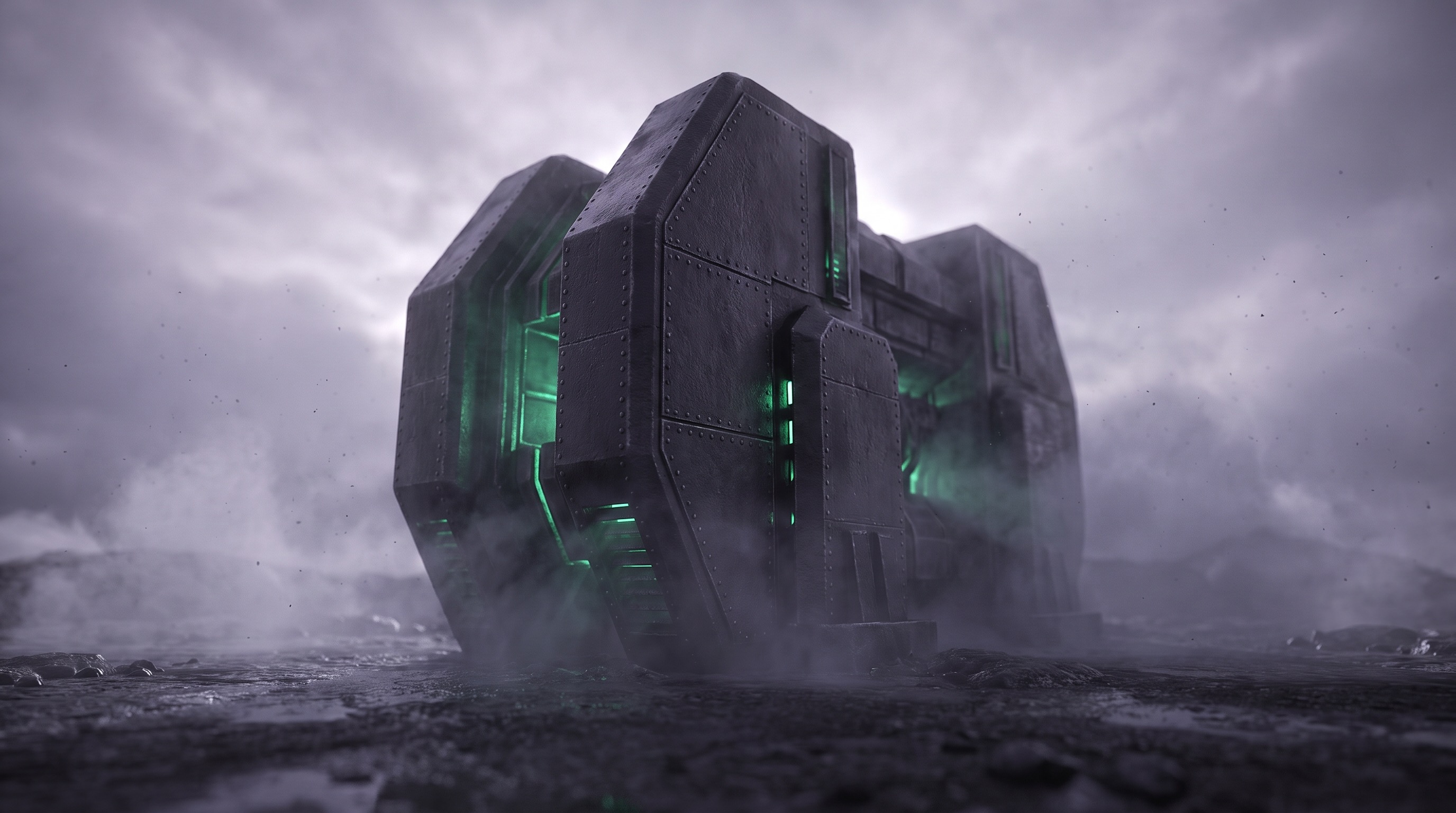 A monolithic dark press-machine standing in fog, emerald light leaking from its internal seams, quietly running