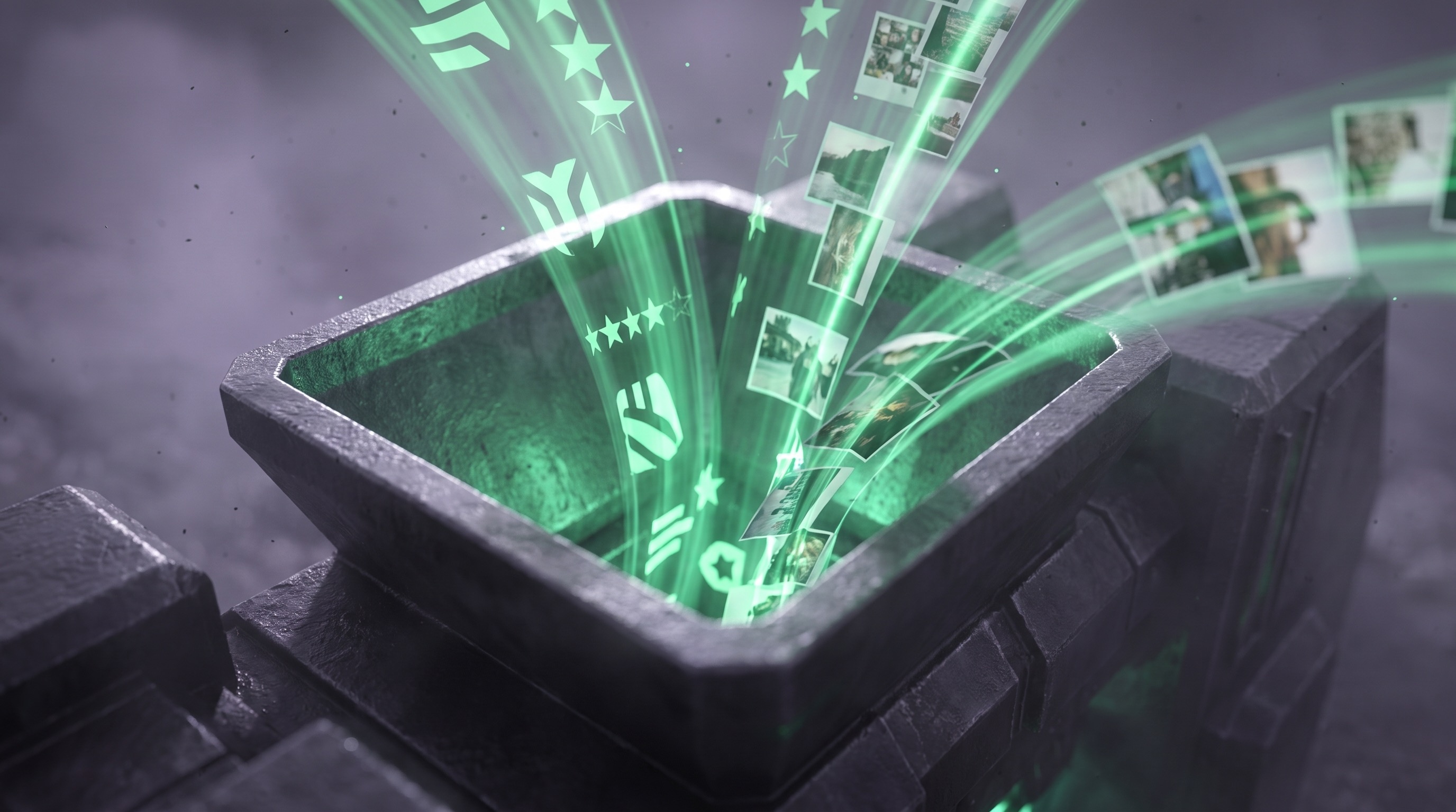 Brand voice, reviews and photos pouring into the machine's top intake as ribbons of emerald light