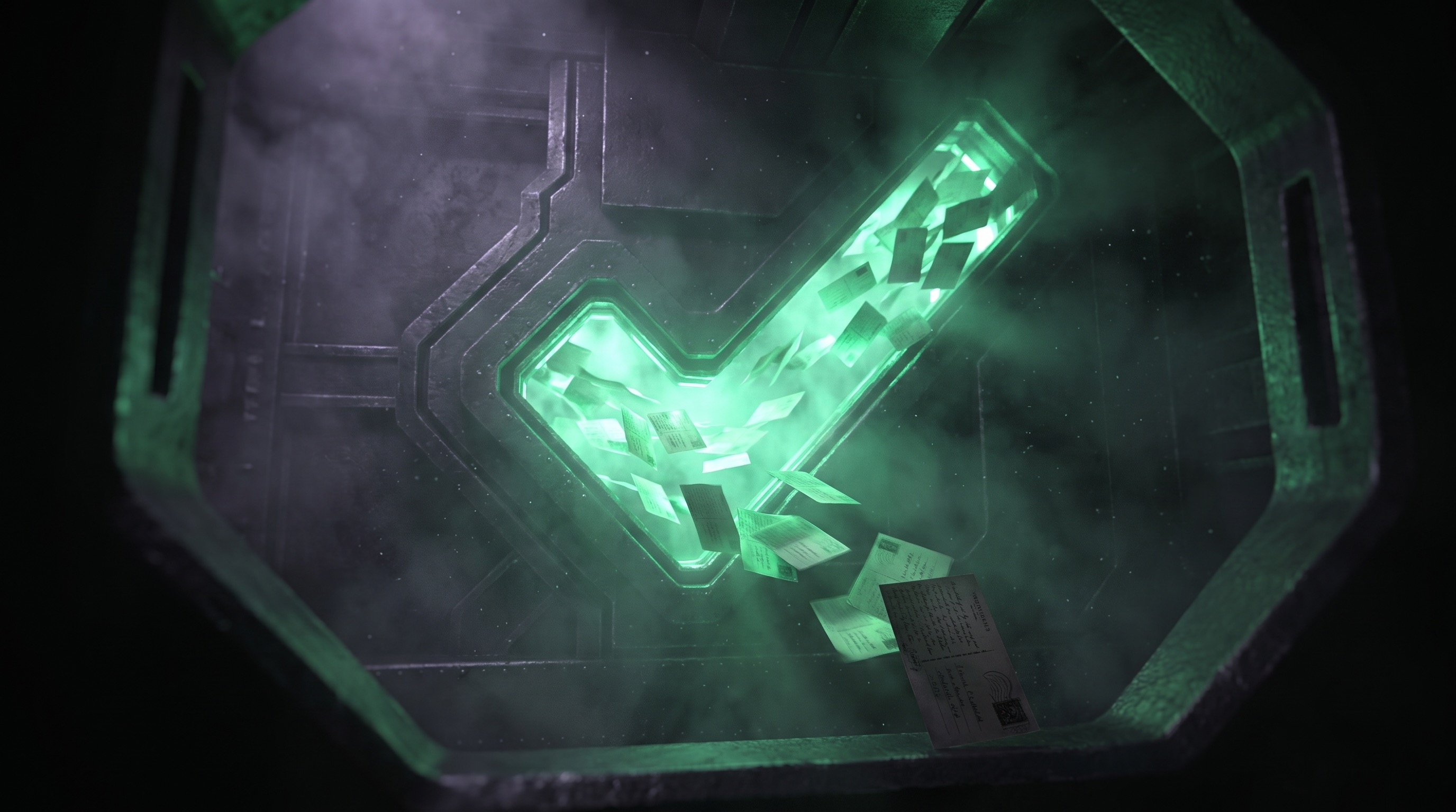 Cast posts arriving at a glowing emerald approval gate; most pass through, one card is held back